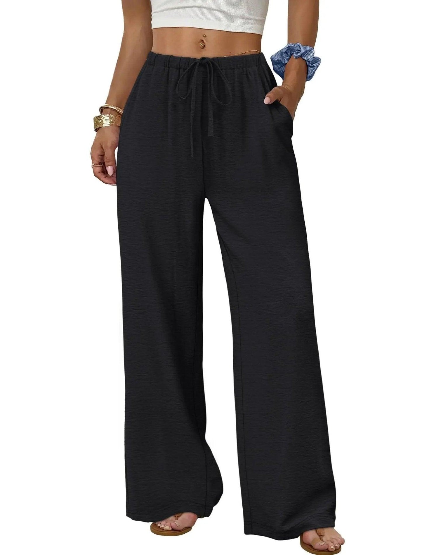 Black wide-leg drawstring pants for women, casual fashion wear with pockets and elastic waist