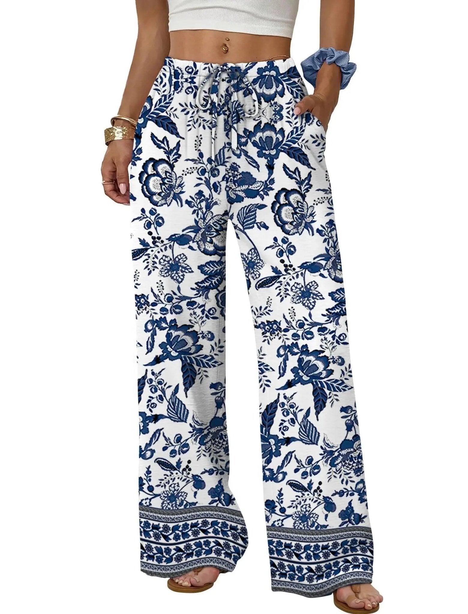 Blue floral print wide-leg women's pants with drawstring waist, perfect for casual fashion