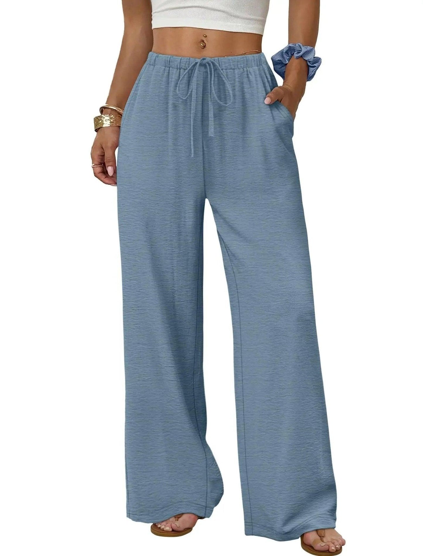 Light blue wide-leg drawstring pants for women, casual comfortable fashion wear