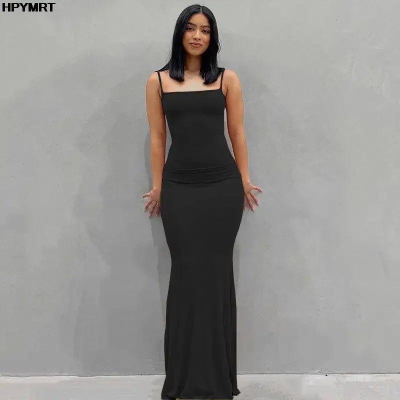 Black spaghetti strap maxi dress for women, elegant and form-fitting, perfect for fashion events