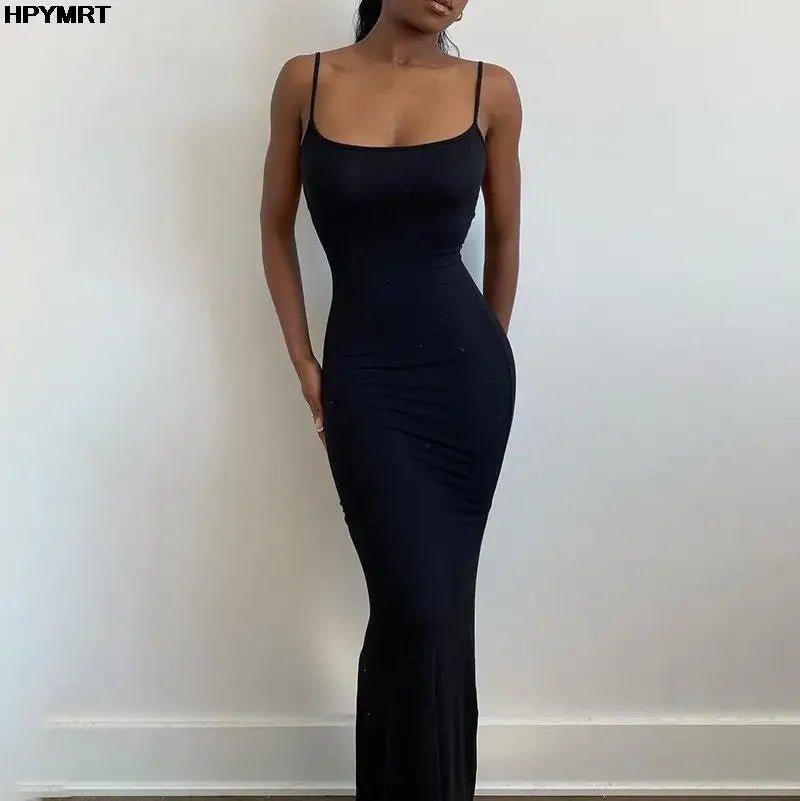Black spaghetti strap bodycon maxi dress for women, elegant evening wear