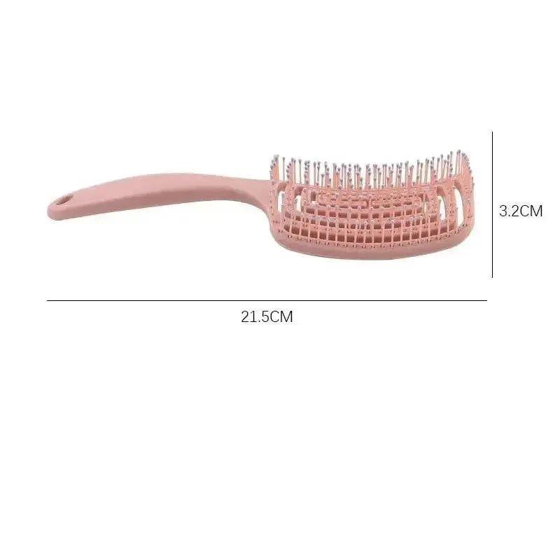 Pink detangling hairbrush with ergonomic handle, 21.5cm length, for women's hair care and styling