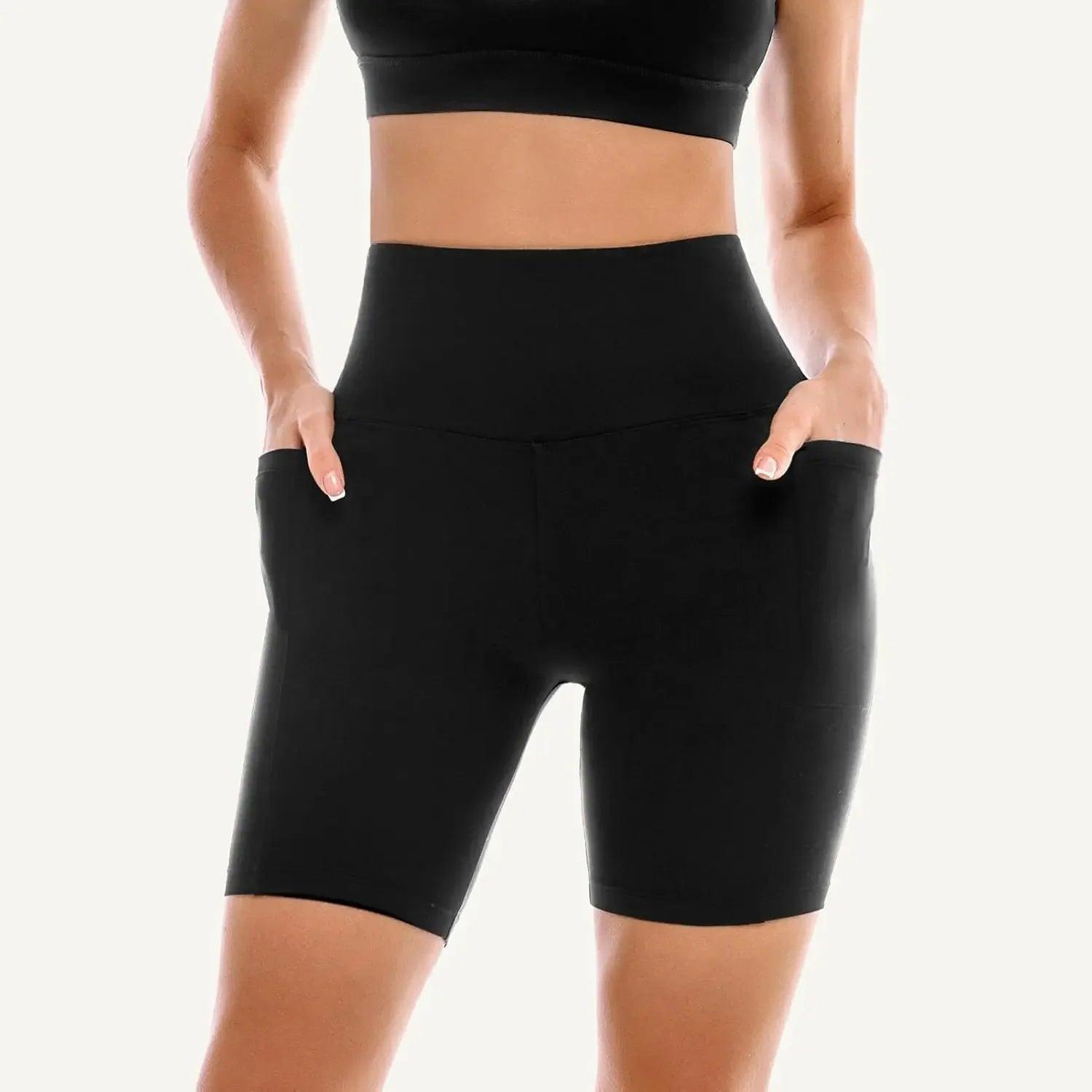 Black high-waisted biker shorts with pockets, women's activewear for gym or yoga
