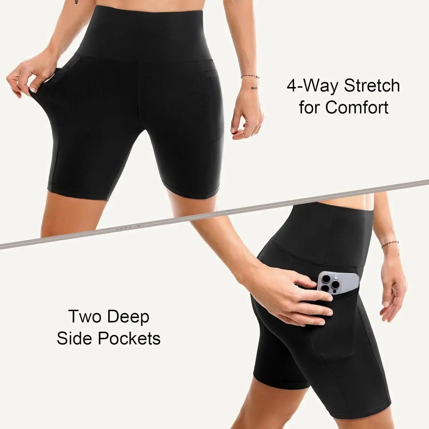 Black high-waisted biker shorts with 4-way stretch and two deep side pockets for comfort and storage
