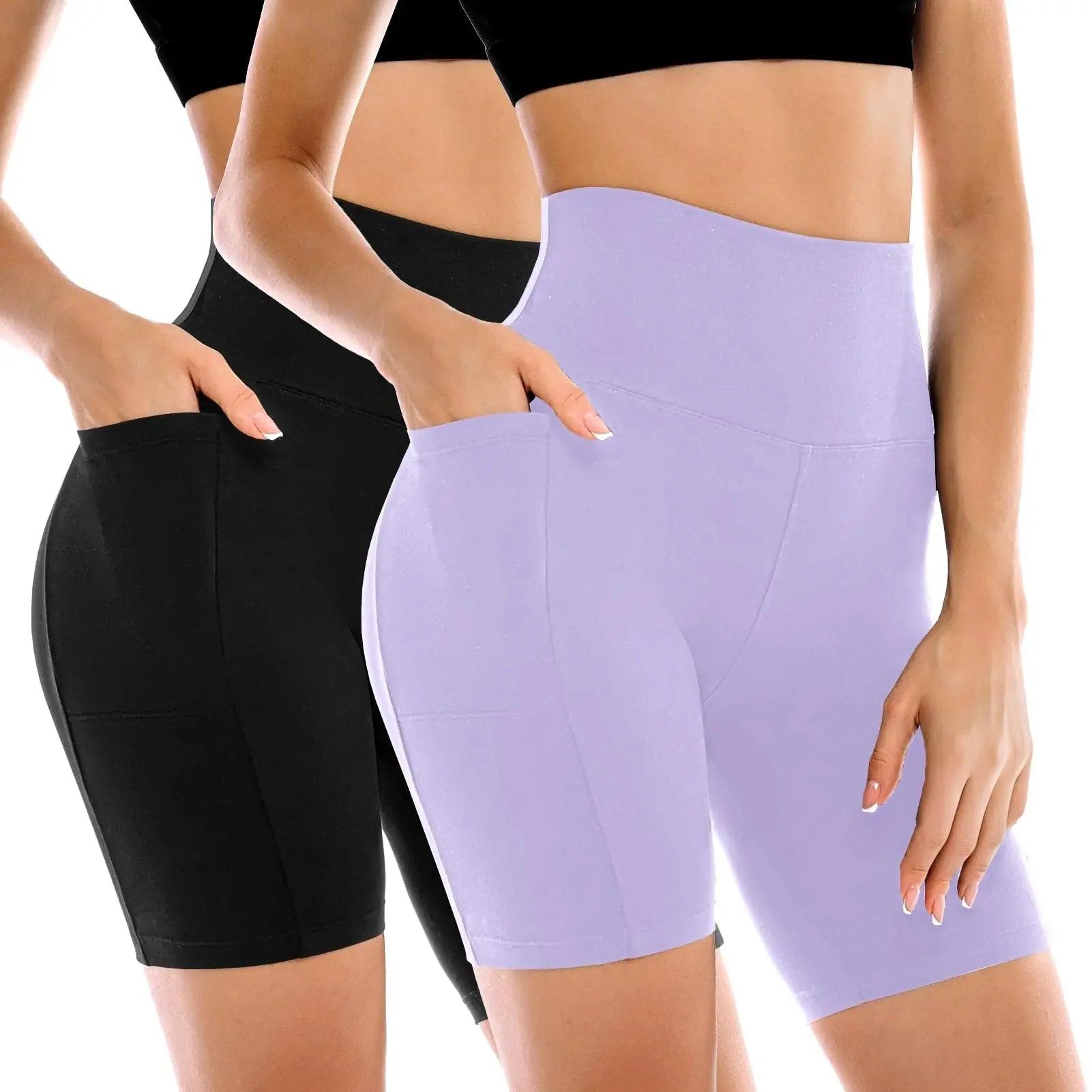 Women's high-waisted biker shorts in black and lavender, perfect for gym, yoga, or casual wear