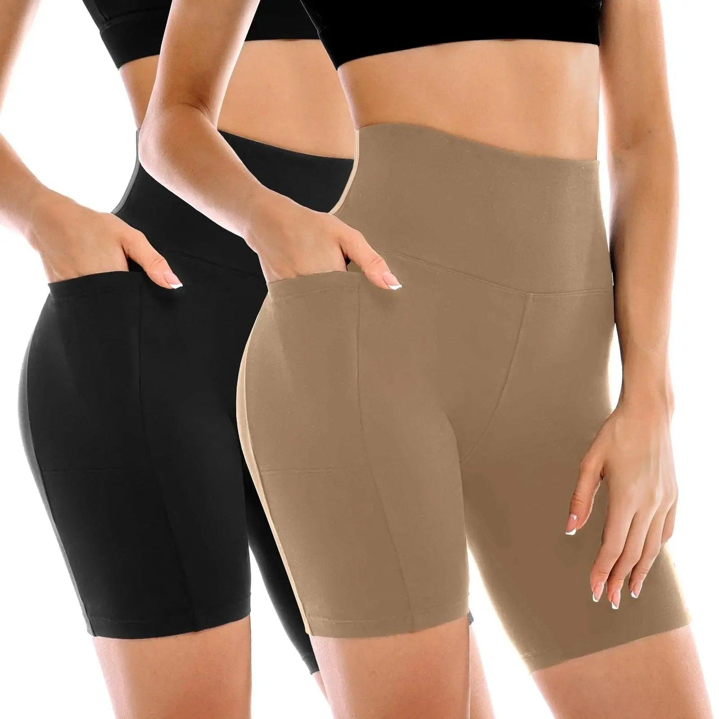 Women's high-waisted biker shorts in black and beige, featuring pockets and seamless design for comfort and style.