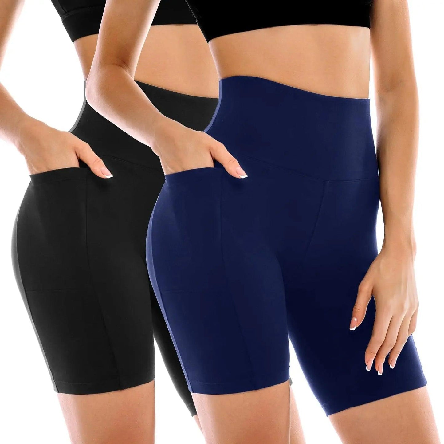 Women's high-waisted biker shorts in black and navy, featuring side pockets and seamless design for fitness and fashion.