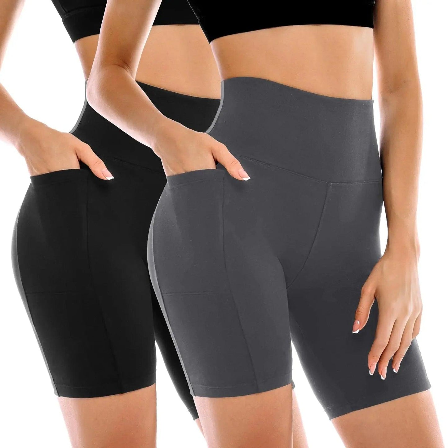 Women's high-waisted biker shorts in black and gray, featuring side pockets and seamless design for gym or casual wear.