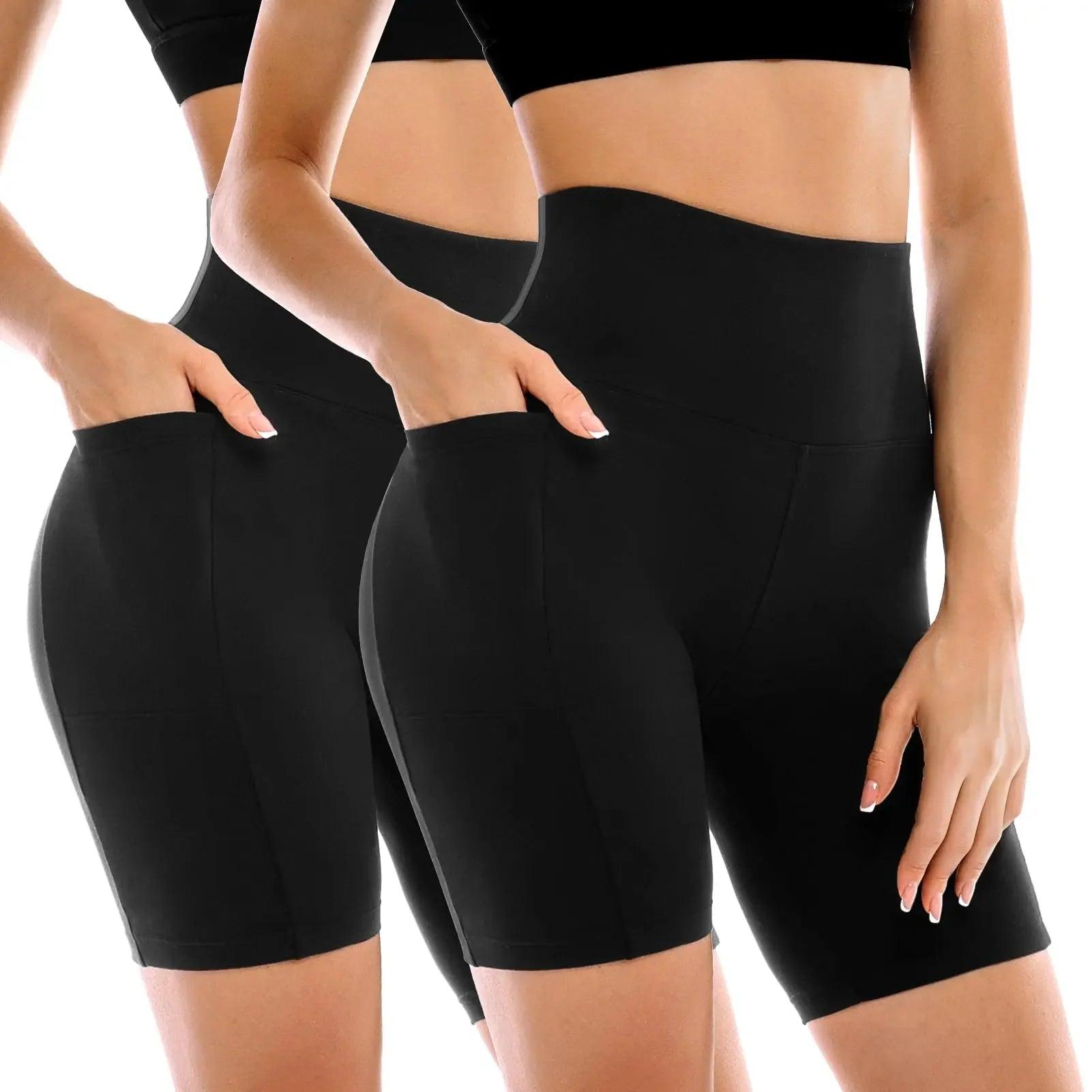 Black high-waisted biker shorts with pockets, women's fashion activewear