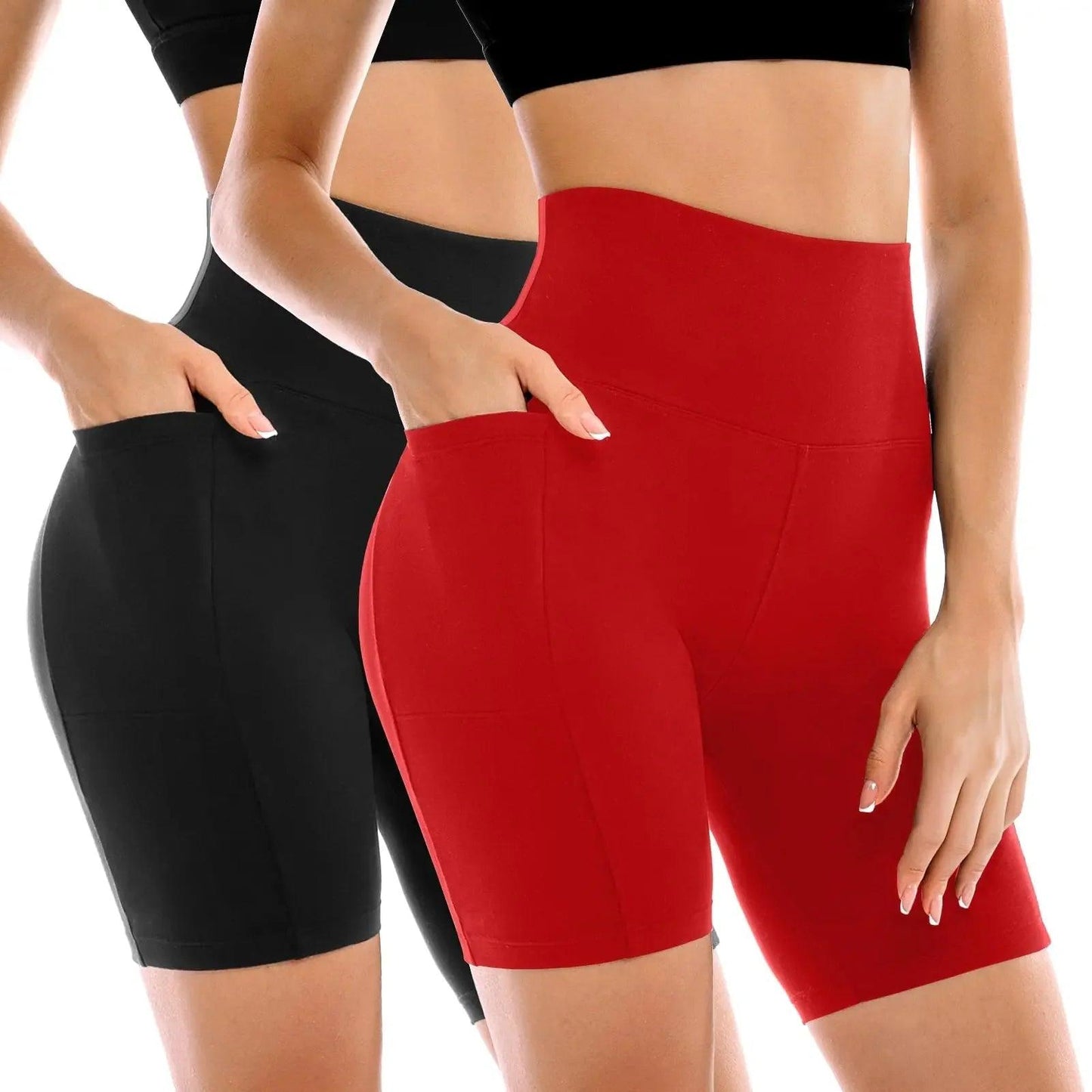 Women's high-waisted biker shorts in red and black, perfect for fitness and casual wear