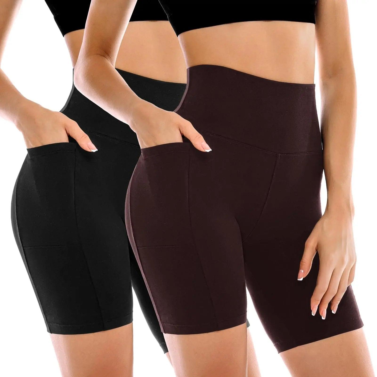 Women's high-waisted biker shorts in black and brown, featuring pockets and seamless design for fitness and fashion.