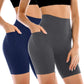 Women's high-waisted biker shorts with pockets in navy and gray, ideal for fitness and casual wear