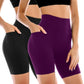 Women's high-waisted biker shorts in black and purple, featuring side pockets and athletic fit for gym or casual wear.