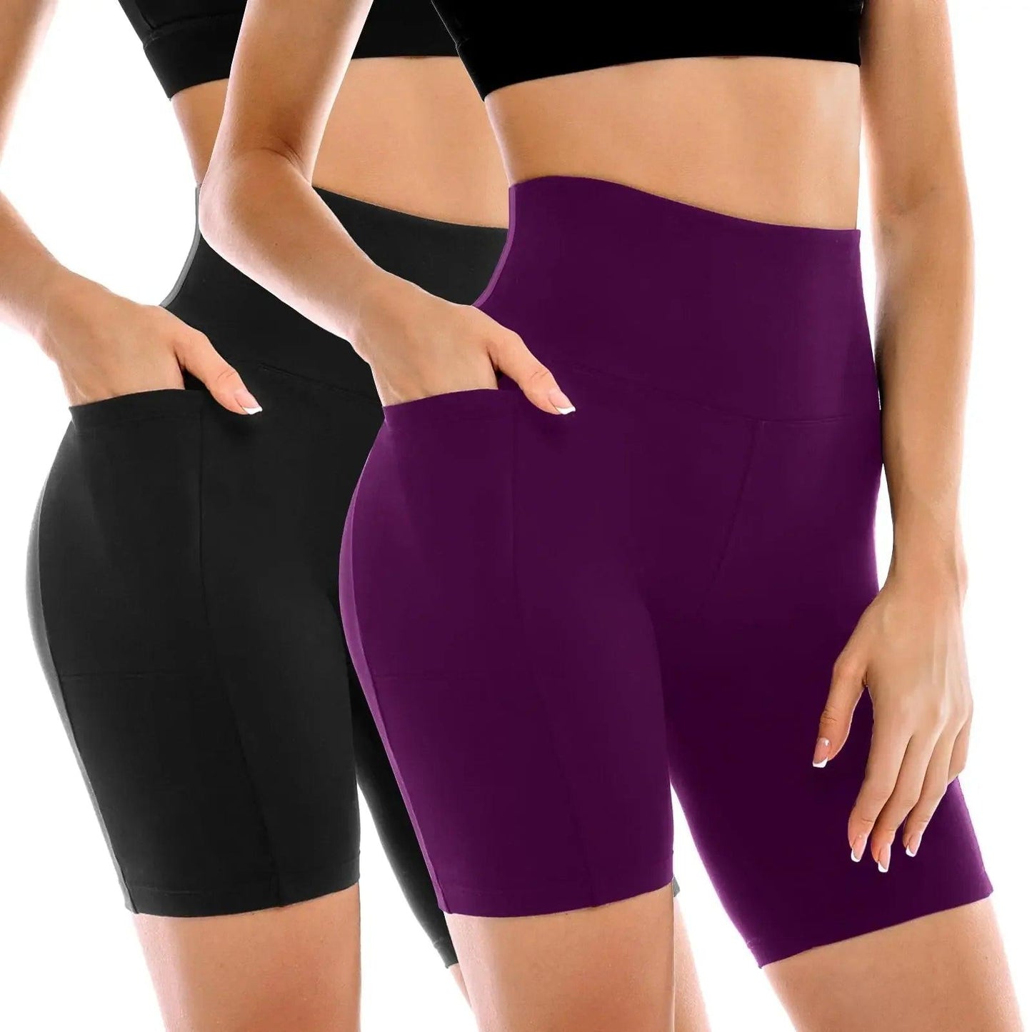 Women's high-waisted biker shorts in black and purple, featuring side pockets and seamless design for fitness and fashion.