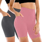 Women's high-waisted biker shorts in pink and gray, featuring side pockets and seamless design for workout or casual wear.