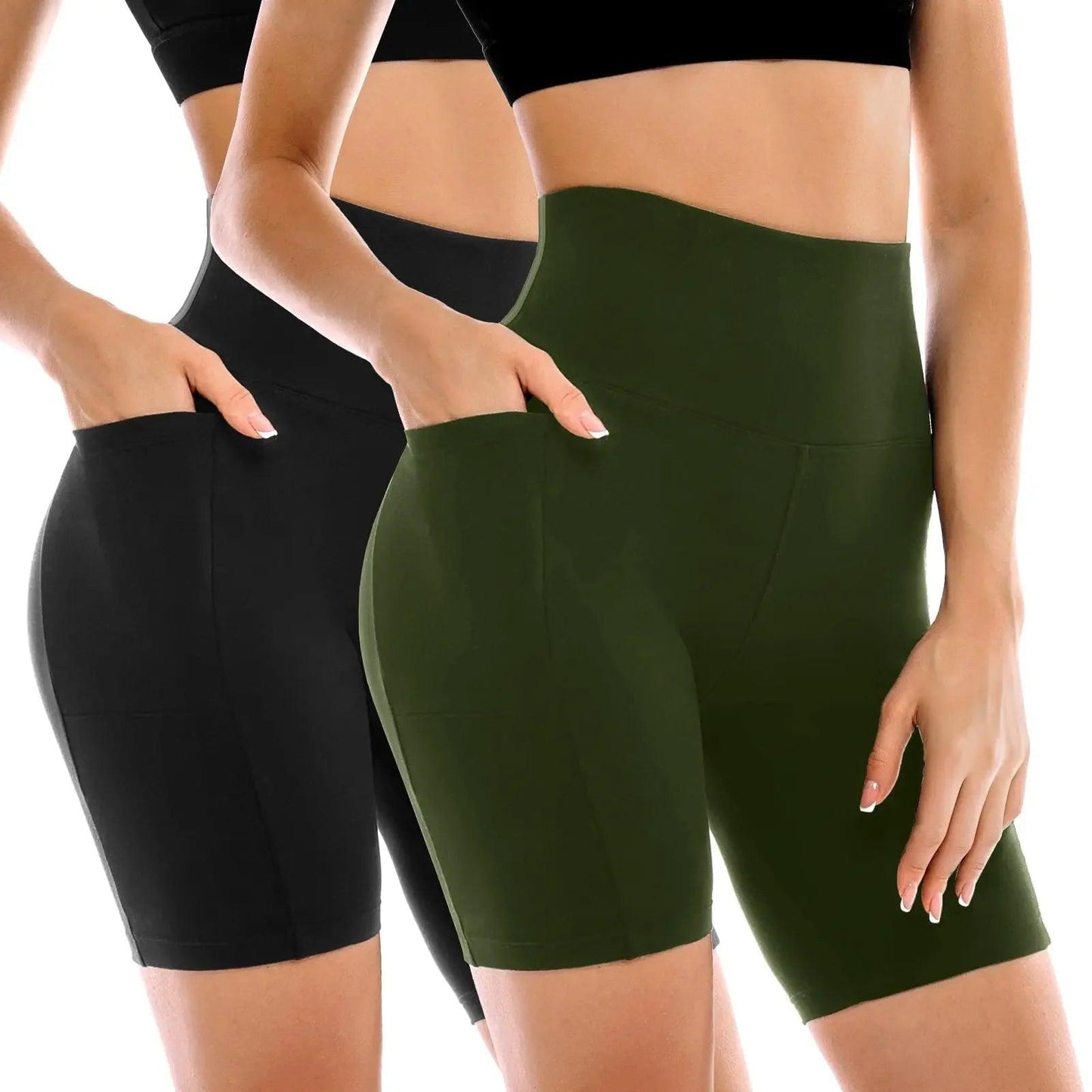 Women's high-waisted biker shorts in black and olive green, perfect for workout or casual fashion.