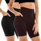 Women's high-waisted biker shorts in black and brown, featuring side pockets and seamless design for fitness and fashion.
