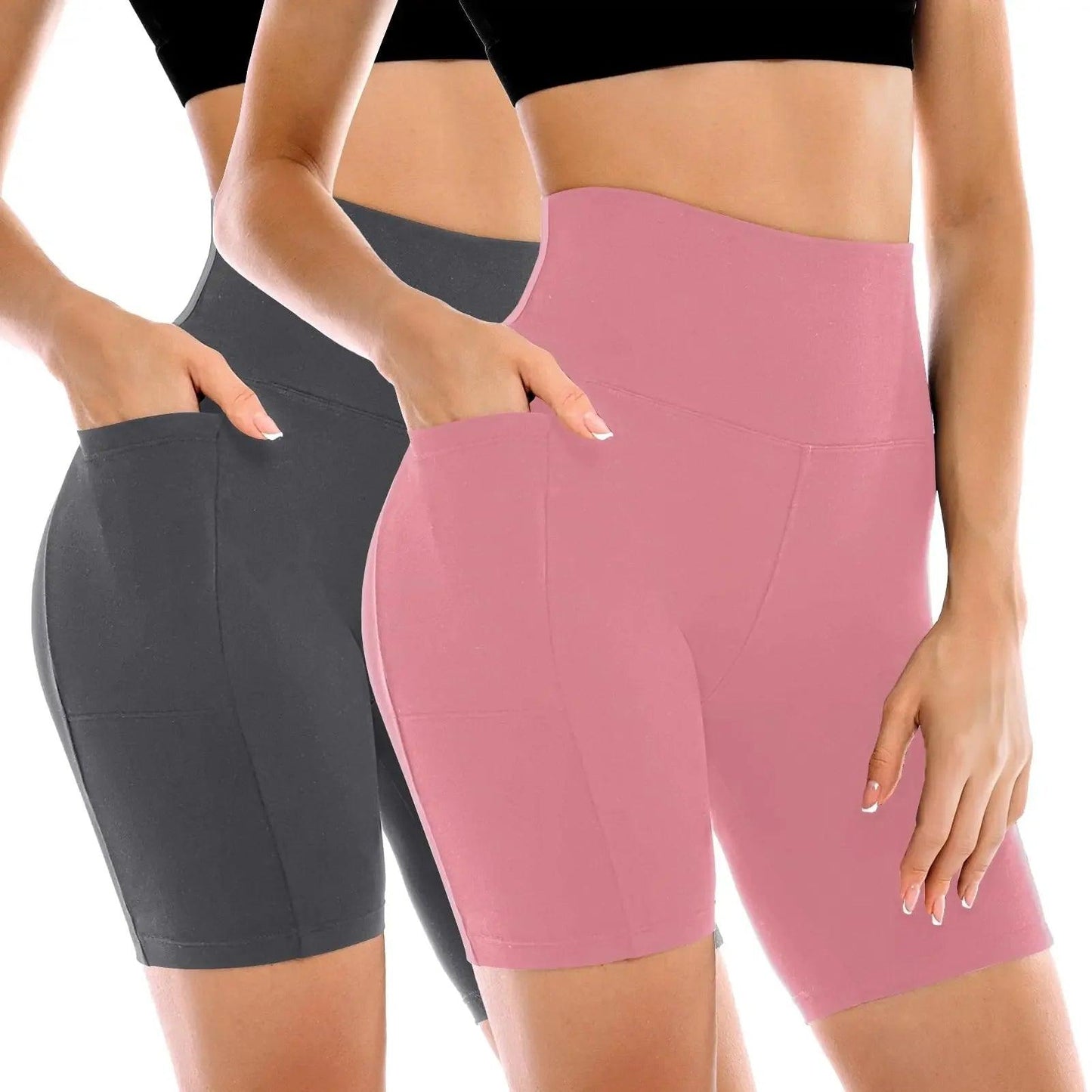 Women's high-waisted biker shorts with pockets in pink and gray, ideal for fitness and casual wear.