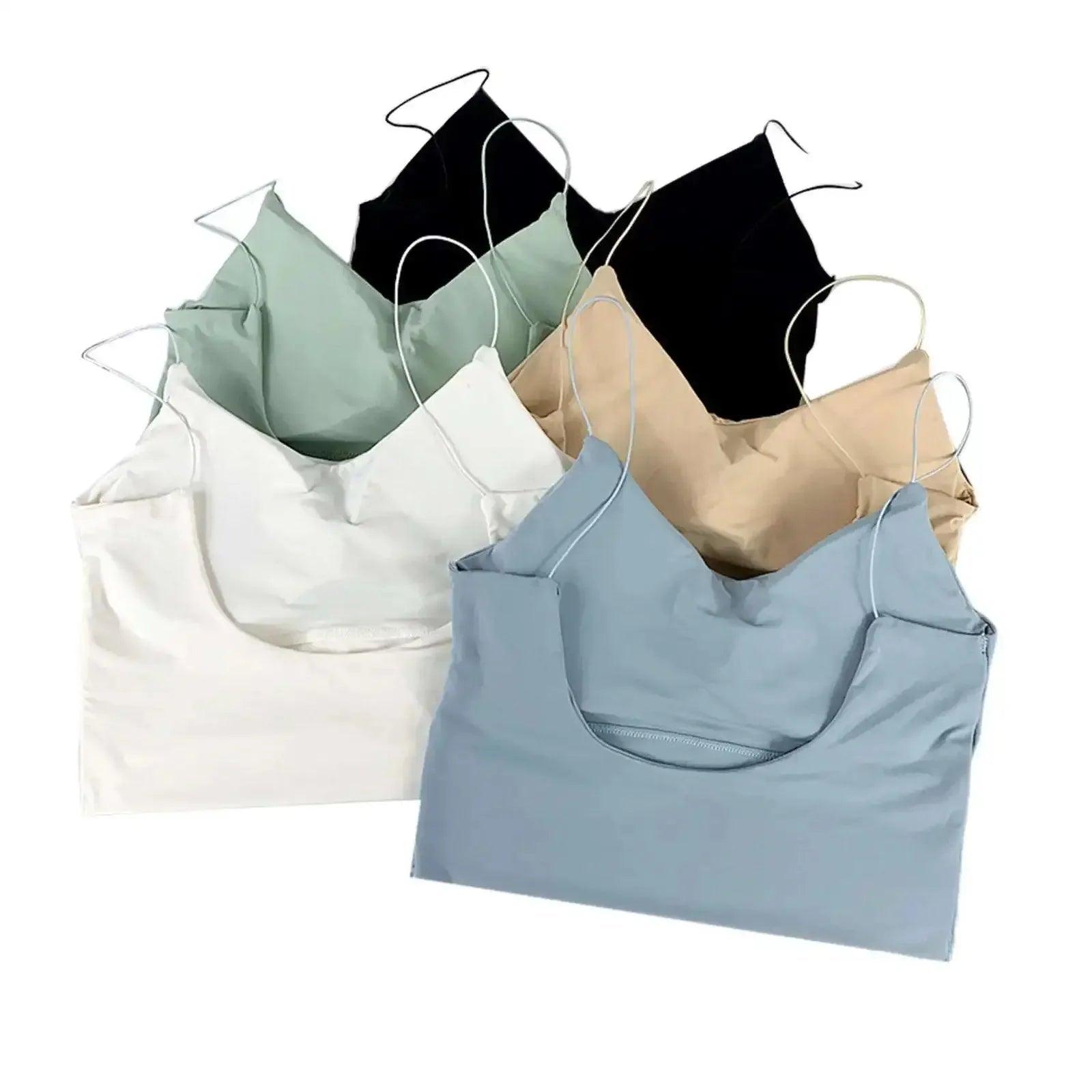 Women's fashion camisole tops in black, white, mint, beige, and blue with thin straps and front zipper detail