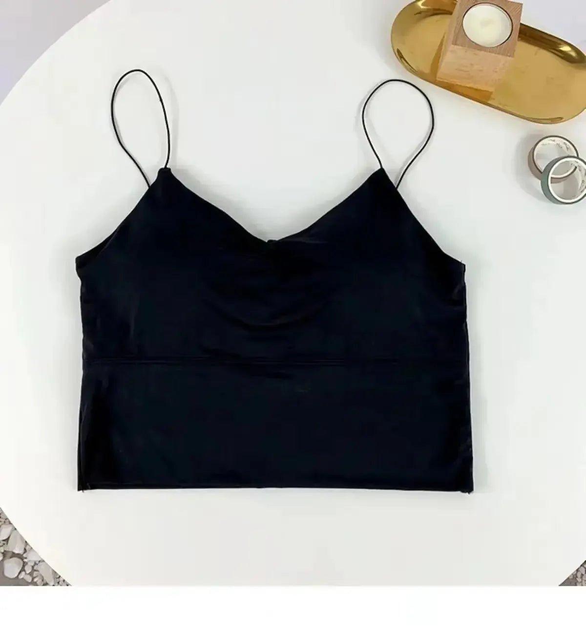 Black satin camisole top with thin straps, women's fashion, stylish and elegant