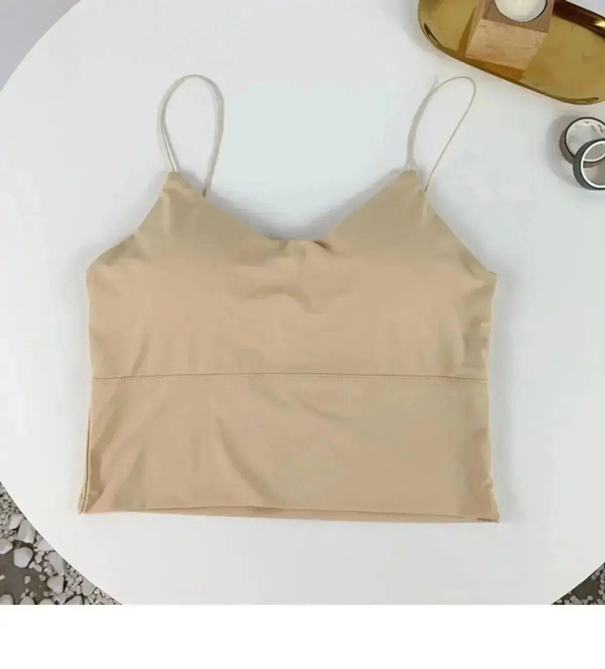 Beige women's crop top with thin straps, stylish fashion tank top for summer outfits