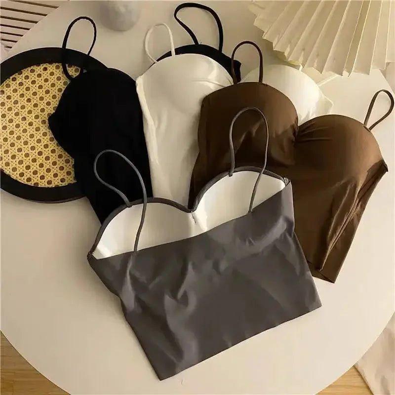 Brown ruched crop top with white straps, women's fashion, layered necklaces, stylish summer outfit