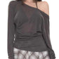 Women's gray one-shoulder long sleeve top with ruched detail, paired with plaid skirt for casual fashion