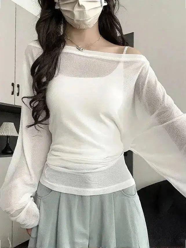 White sheer long sleeve top with off-shoulder design, women's fashion