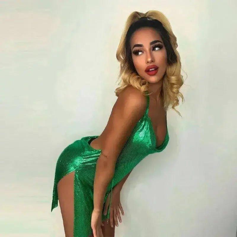 Woman in shimmering green sequin dress, stylish fashion outfit for parties or nights out