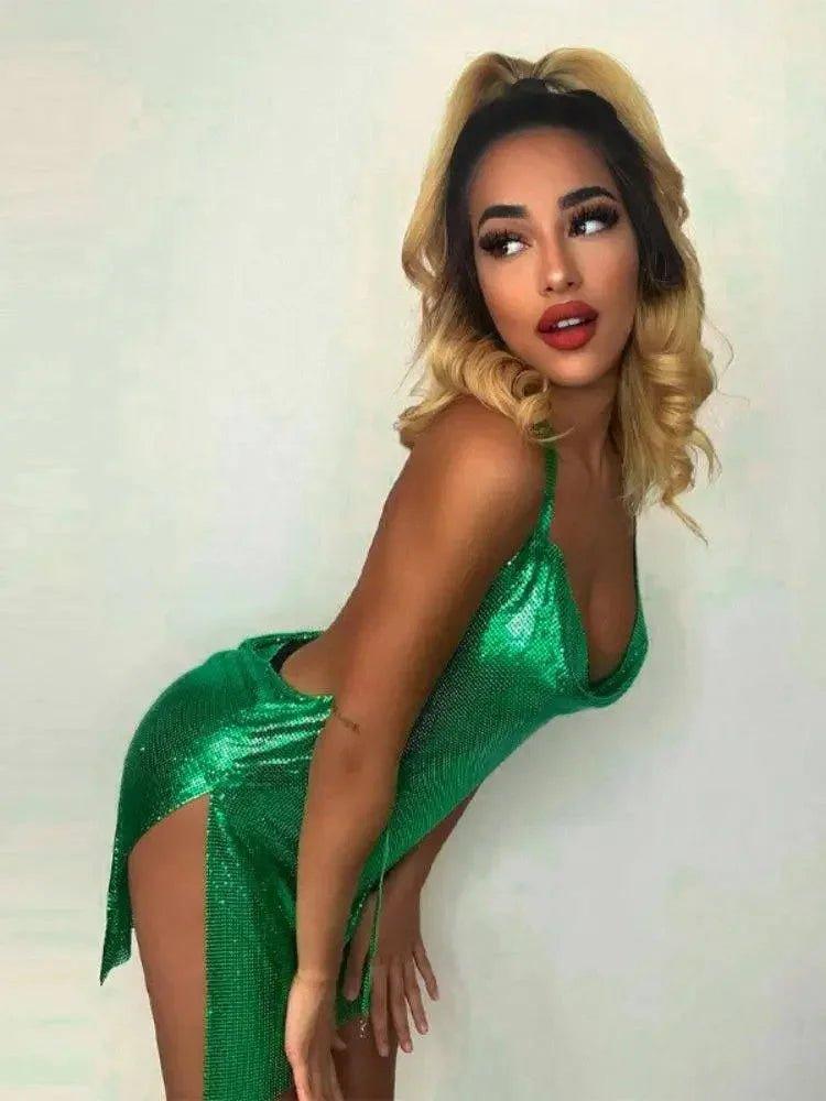 Woman in shimmering green sequin dress with high slit, perfect for fashion events and nightouts