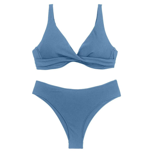 Blue ribbed bikini set with twist front top and high-cut bottoms, women's fashion swimwear