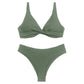 Olive green ribbed bikini set with twist front top and high-cut bottoms, women's fashion swimwear