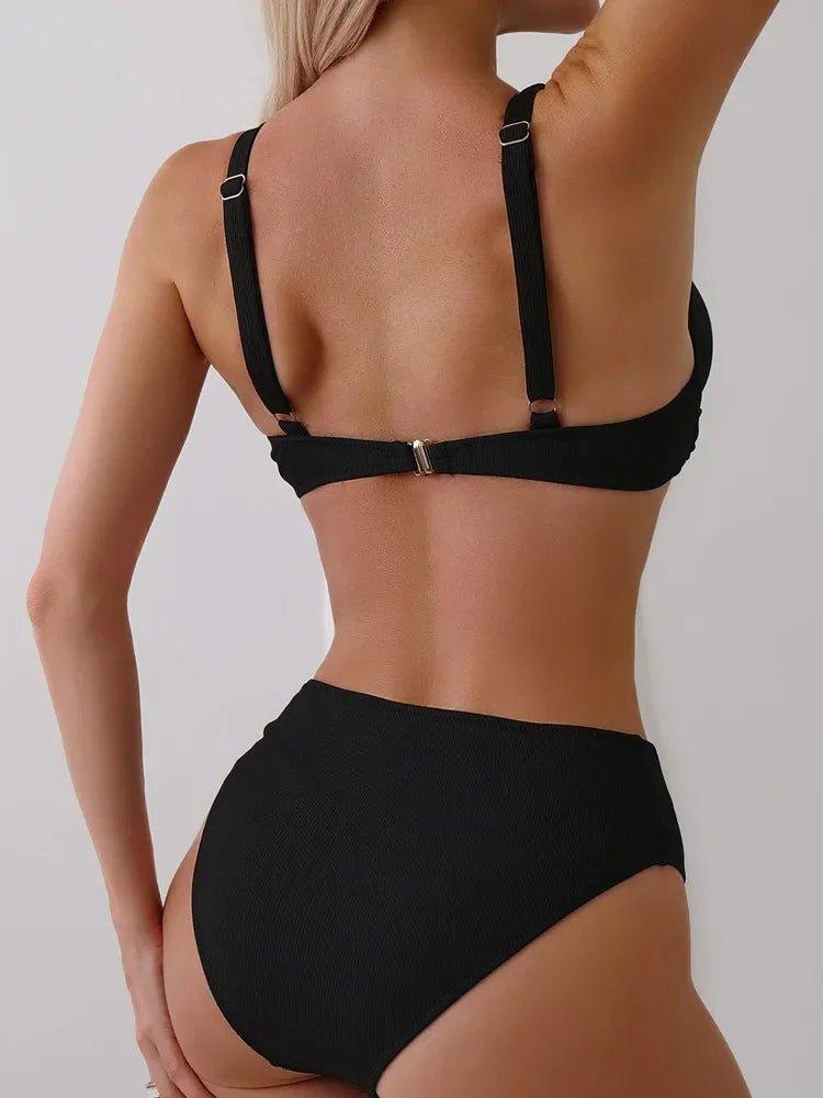 Black high-waisted bikini with adjustable straps, women's swimwear fashion