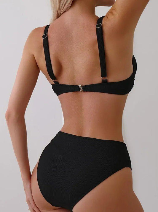 Black high-waisted bikini with adjustable straps, women's swimwear fashion