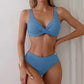 Blue ribbed bikini set with crisscross top and high-waisted bottoms for women's fashion