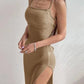 Beige ribbed midi dress with side slit and adjustable straps for women's fashion