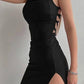 Black ribbed midi dress with side slit and lace-up back, women's fashion