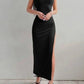 Black ribbed halter neck maxi dress with side slit, women's fashion
