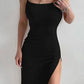 Black ribbed halter neck dress with side slit, stylish women's fashion for evening wear