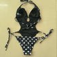 Black and white polka dot bikini with halter top and tie-side bottoms, women's fashion swimwear