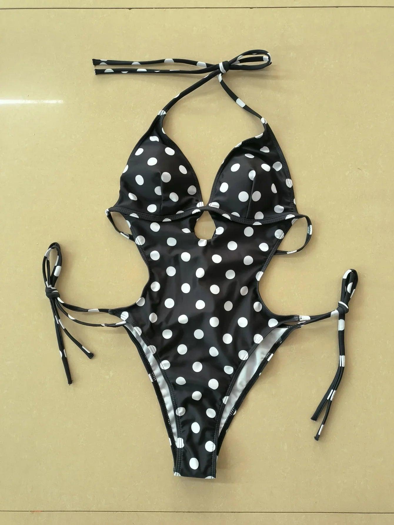Black and white polka dot one-piece swimsuit with halter neck and side ties, women's fashion swimwear