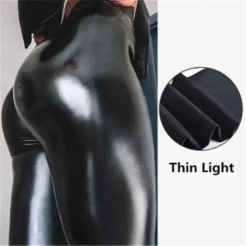 Shiny black leggings with thin light fabric, perfect for women's fashion
