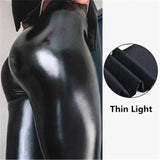 Shiny black leggings with thin light fabric, perfect for women's fashion