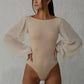 Beige long sleeve bodysuit with puffed sleeves, women's fashion