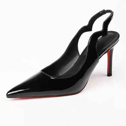 Black patent leather slingback heels with red sole, pointed toe, and stiletto heel for women's fashion