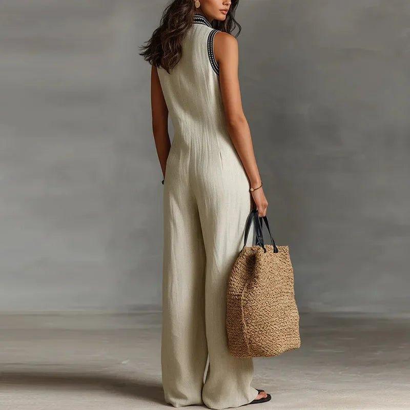 Sexy Deep V Neck Hollow Women's Jumpsuits Vintage Printed High Waist Slim Office Romper Spring Summer Sleeveless Pocket Overalls - Womans Fashion