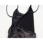 Black satin camisole with crisscross straps and deep V-neckline, women's fashion top