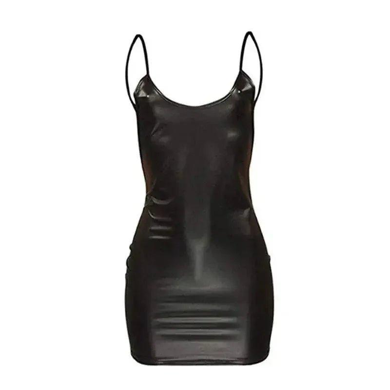 Black faux leather mini dress with thin straps, sleek bodycon style for women's fashion