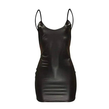 Black faux leather mini dress with thin straps, sleek bodycon style for women's fashion