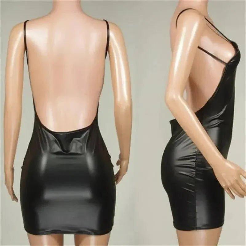 Black shiny backless mini dress with thin straps, women's fashion